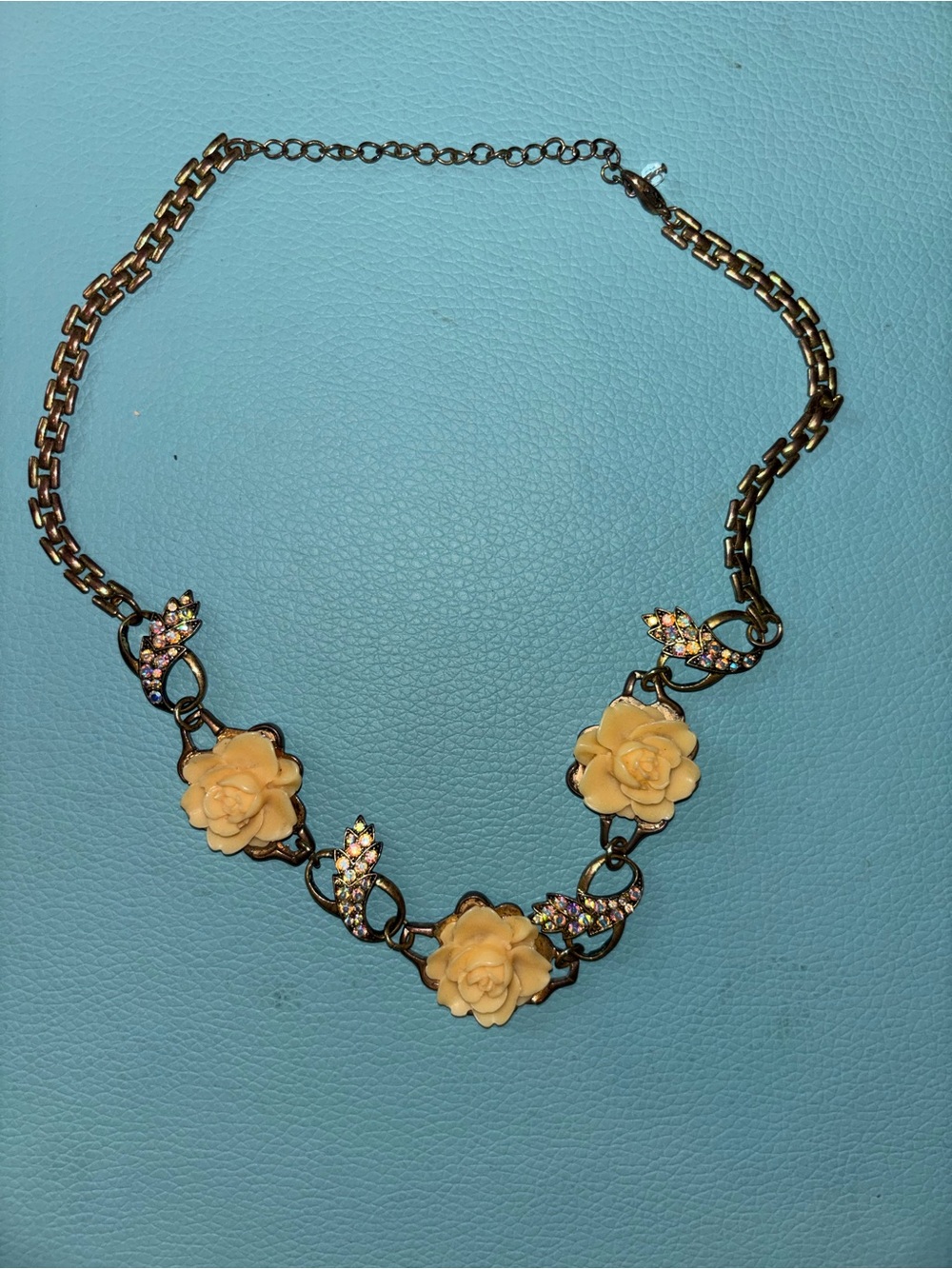Floral Cream Rose Statement Necklace with Rhinestones